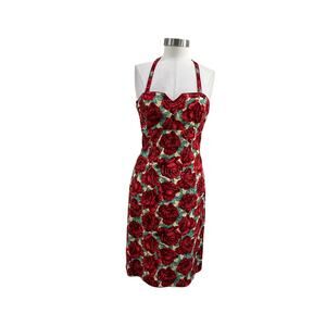 Vintage Helen Wang Red Rose Halter Midi Dress Retro Pinup Floral Bodycon Sz 4/6